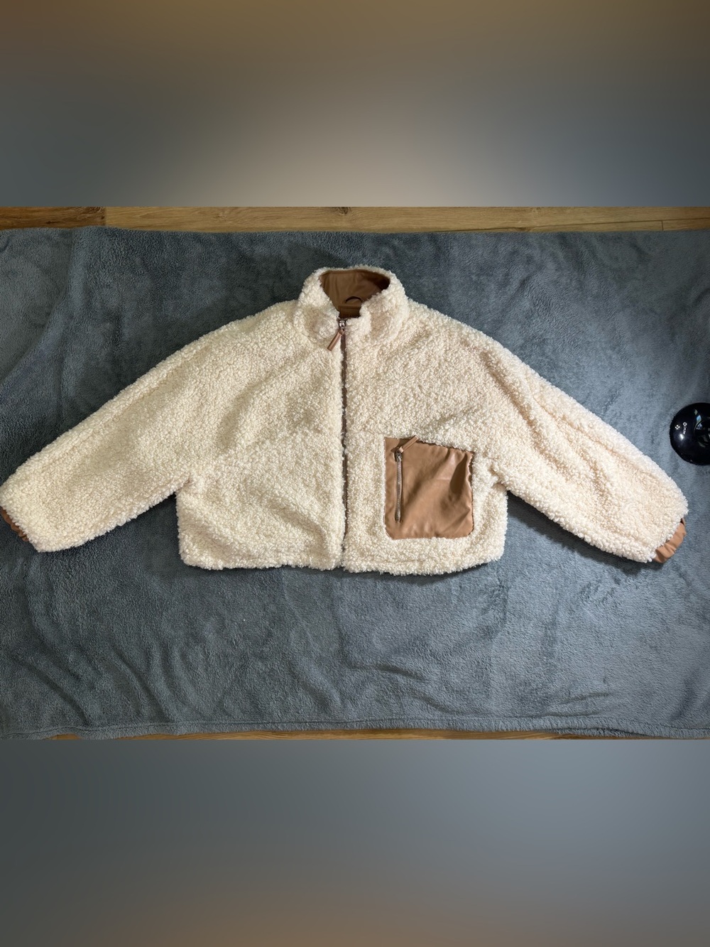 BlankNYC Women’s Cream Sherpa Crop Jacket with Faux Leather Accent XL
